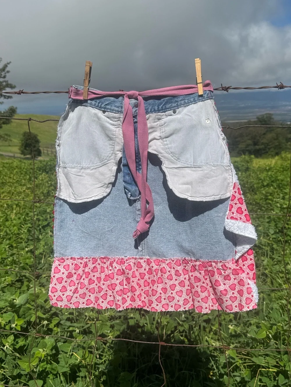 Handmade heart denim jean apron embroidered ruffles cottage farmhouse